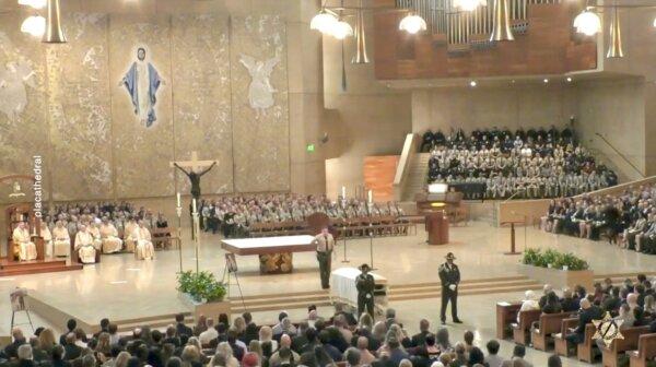 Funeral Services of slain Los Angeles Deputy Ryan Clinkunbroomer is being held at the Cathedral of our Lady of the Angels in Los Angeles on Oct. 5, 2023. (Los Angeles County Sheriff's Department/Screenshot via The Epoch Times)