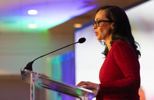 Jessica Millan Patterson speaks in Anaheim, Calif., on Sept. 23, 2023. (John Fredricks/The Epoch Times)