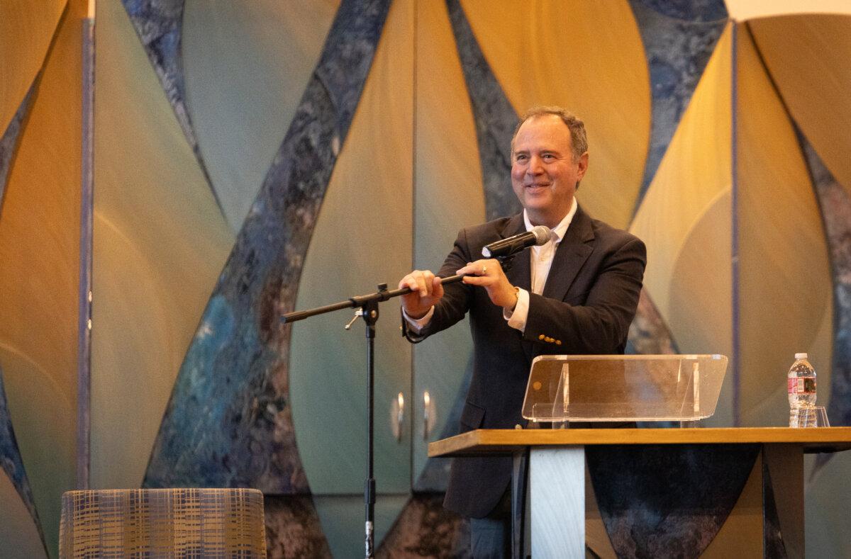 Rep. Adam Schiff speaks in Irvine, Calif., on Aug. 16, 2023. (John Fredricks/The Epoch Times)