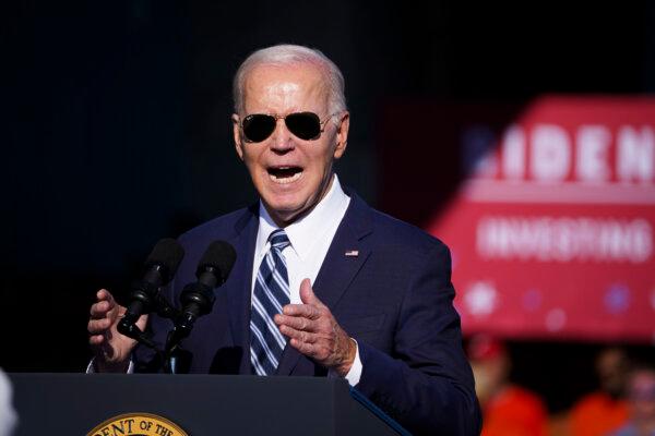 President Joe Biden speaks about Bidenomics, announcing clean manufacturing investments in regional clean hydrogen hubs at Tioga Marine Terminal in Philadelphia, Pa., on Oct. 13, 2023. (Madalina Vasiliu/The Epoch Times)