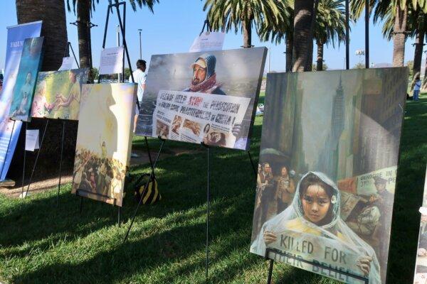 The Falun Dafa art exhibit at the 22nd annual Irvine Global Village Festival in Irvine, Calif., on Oct. 14, 2023. (Sophie Li/The Epoch Times)