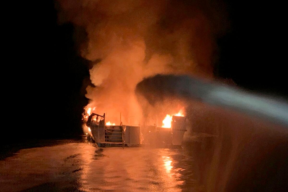 VCFD firefighters respond to a fire aboard the Conception dive boat fire in the Santa Barbara Channel off the coast of Southern Calif., on Sept. 2, 2019. (Ventura County Fire Department via AP)