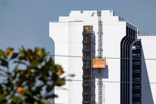 Construction continues at the former Paradise Pier Hotel in the Disneyland Resort area of Anaheim, Calif., on Oct. 24, 2023. (John Fredricks/The Epoch Times)
