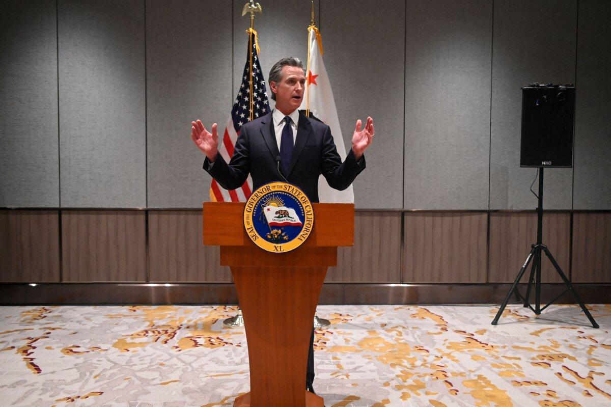 California Gov. Gavin Newsom speaks during a press conference in Beijing on Oct. 25, 2023. (Wang Zhao/AFP via Getty Images)