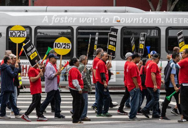 Hotel workers march in the streets of downtown Los Angeles on Oct. 25, 2023. (John Fredricks/The Epoch Times)