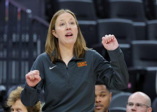 Head coach Lindsay Gottlieb of the USC Trojans gestures in the first half of a game against the Ohio State Buckeyes during the Naismith Basketball Hall of Fame Series at T-Mobile Arena in Las Vegas on Nov. 6, 2023. The Trojans defeated the Buckeyes 83–74. (Ethan Miller/Getty Images)