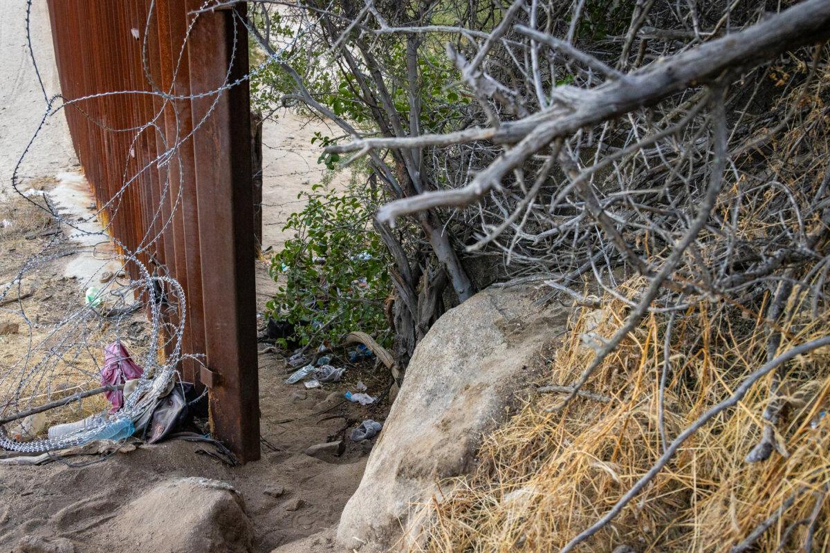 A gap around the United States/Mexico border wall in Jacumba, Calif., on Oct. 31, 2023. (John Fredricks/The Epoch Times)