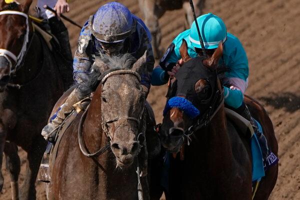 (L-R) Junior Alvarado rides Cody's Wish as he makes contact with Flavien Prat riding National Treasure on his way to win the Breeders' Cup Dirt Mile horse race at Santa Anita Park in Arcadia, Calif., on Nov. 4, 2023. (Mark J. Terrill/AP Photo)