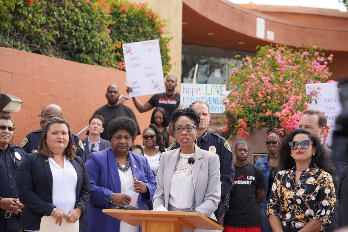 San Diego City Councilwoman Monica Montgomery Steppe speaks at a press conference. (Courtesy of Monica Montgomery Steppe)
