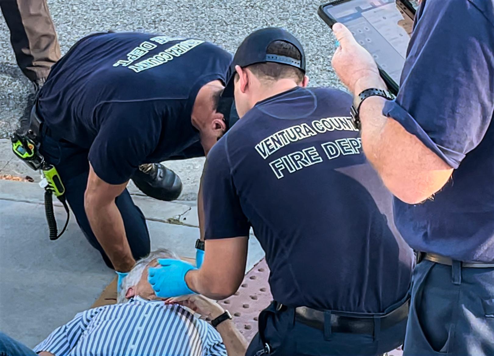 Paramedics assist Paul Kessler, 69, after he sustained a head injury during an altercation with a pro-Palestinian protester in Thousand Oaks, Calif., on Nov. 5, 2023. (Courtesy of Rabbi Mark Blazer)