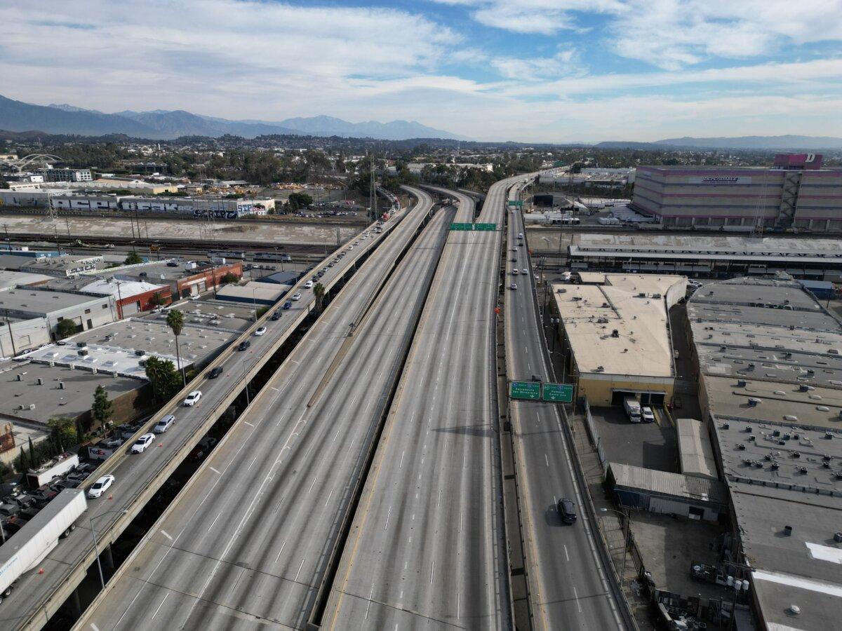 An aerial view of the empty Interstate-10 freeway, also called the Santa Monica Freeway, in both directions, in Los Angeles on Nov. 13, 2023. (Robyn Beck/AFP via Getty Images)