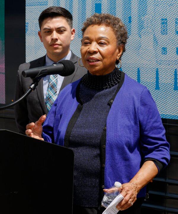 Congresswoman Barbara Lee, D-Calif., speaks at a "Just Majority" nationwide bus tour press conference to call for reforms to the U.S. Supreme Court in Oakland, Calif., on May 21, 2023. (Kimberly White/Getty Images for Demand Justice)