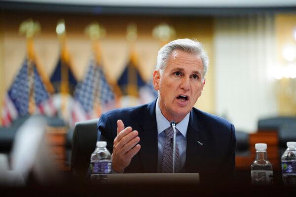 Rep. Kevin McCarthy, R-Calif., speaks during a press conference unveiling the results of the Select Committee on the Chinese Communist Party (CCP) investigation into the biolab discovered in Reedley, Calif., in Washington on Nov. 15, 2023. (Madalina Vasiliu/The Epoch Times)