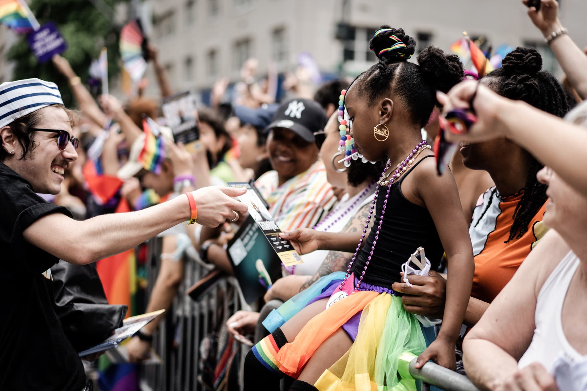 A young girl at the annual New York City Pride March in New York City on June 25, 2023. (Samira Bouaou/The Epoch Times)