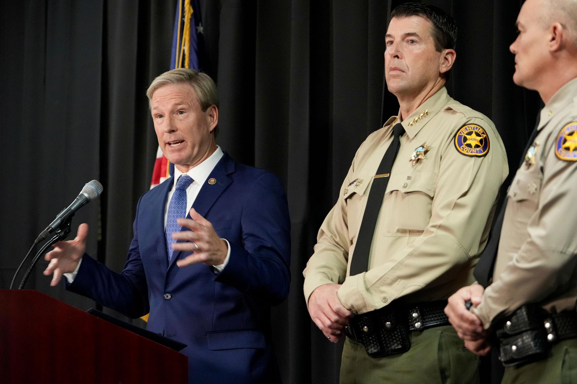 (L–R) Ventura County District Attorney Erik Nasarenko, Ventura County Sheriff Jim Fryhoff, and Thousand Oaks Chief of Police Jeremy Paris answer questions during a news conference in Thousand Oaks, Calif., on Nov. 17, 2023, concerning the death of Paul Kessler. (Juan Carlo/The Ventura County Star via AP)