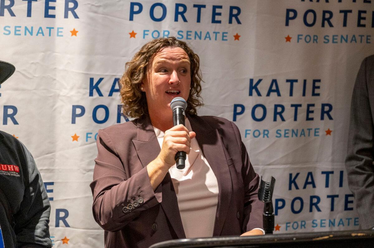 Rep. Katie Porter, who is running for U.S. Senate, talks to supporters during her Recipe for Change party at the California Democratic Party state endorsing convention, at SAFE Credit Union Convention Center in Sacramento on Nov. 17, 2023. (Lezlie Sterling/The Sacramento Bee via AP)
