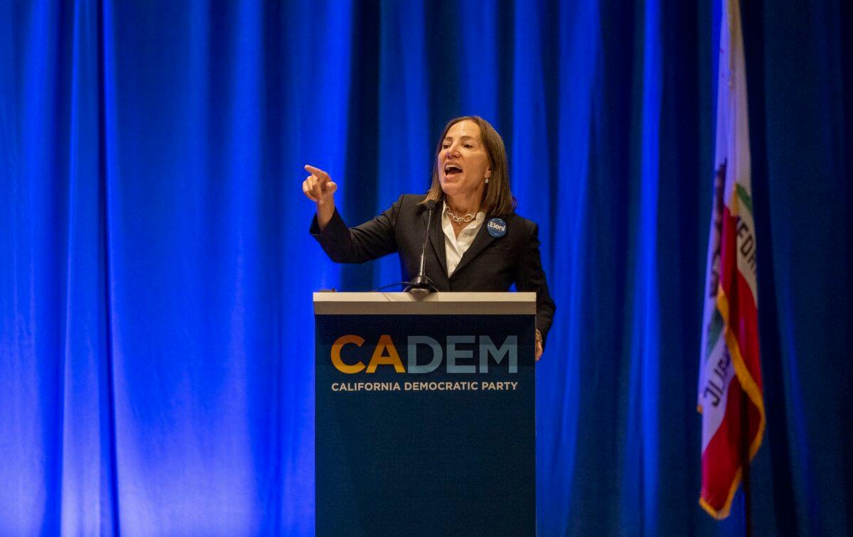 California Lt. Gov. Eleni Kounalakis speaks to the Labor Caucus at the California Democratic Party state endorsing convention, in Sacramento, Calif., on Nov. 17, 2023. (Lezlie Sterling/The Sacramento Bee via AP)
