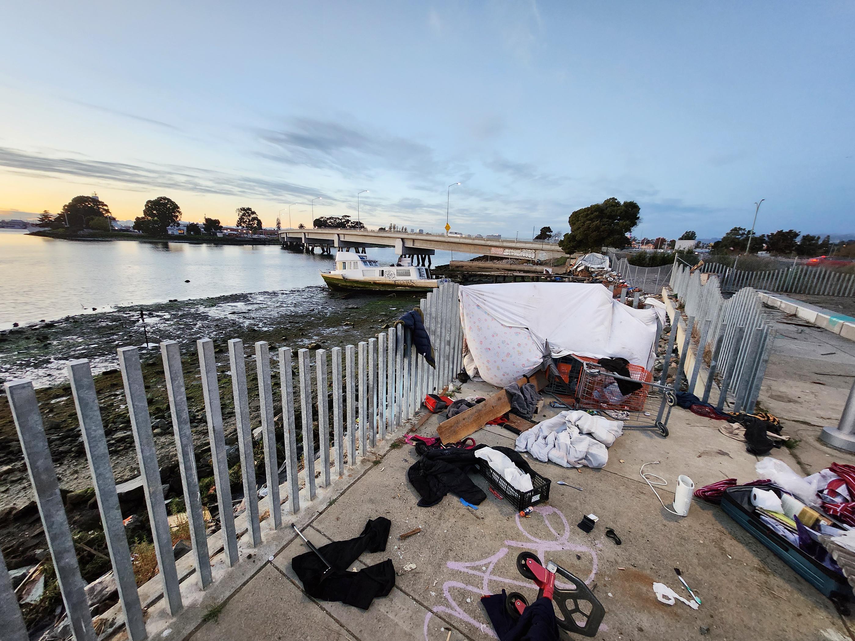 Homeless encampments have been a problem along the estuary for some time. (Allan Stein/The Epoch Times)