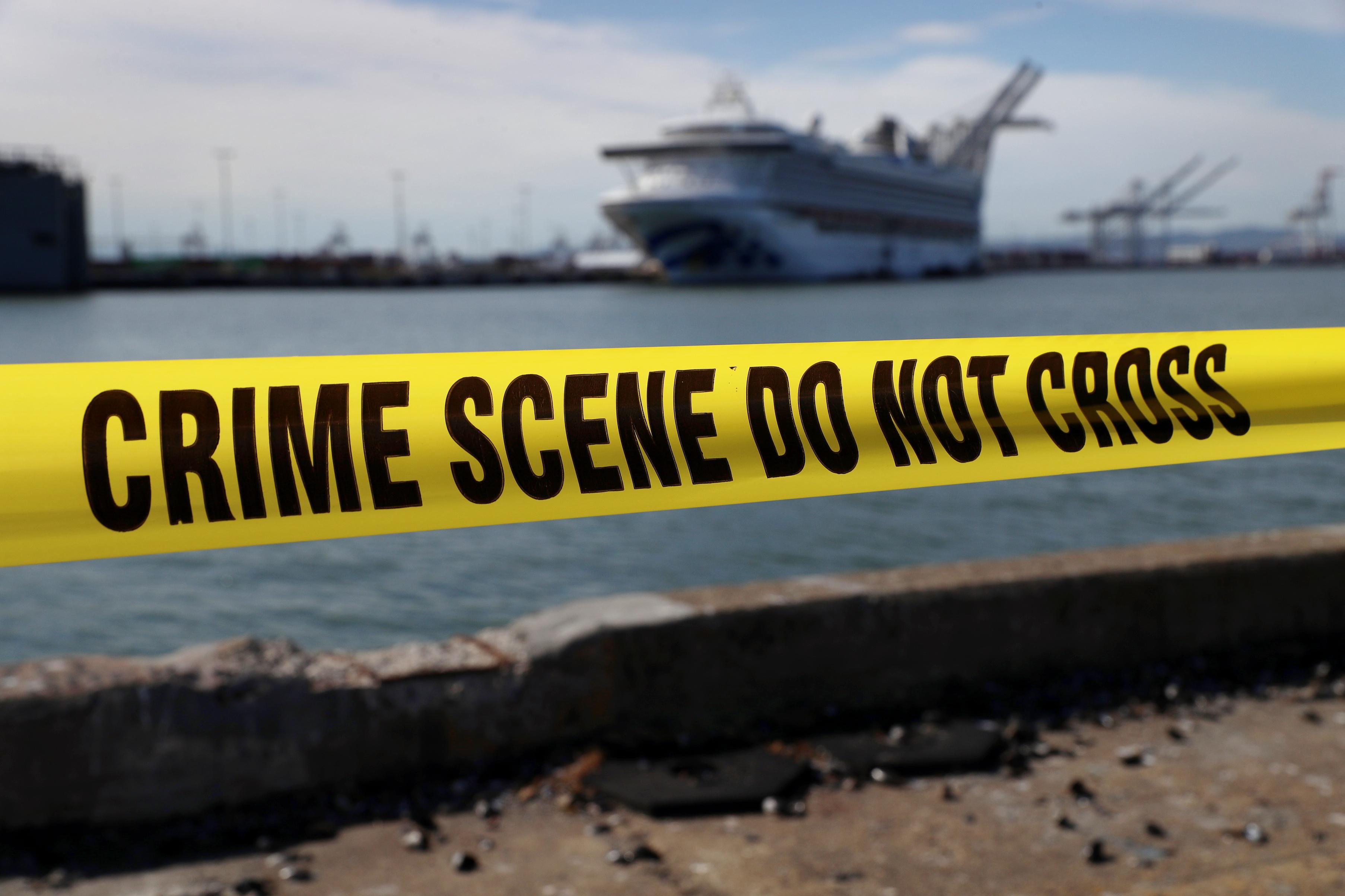 Crime scene tape marks off an area at the Port of Oakland in Oakland, Calif., on March 10, 2020. (Justin Sullivan/Getty Images)