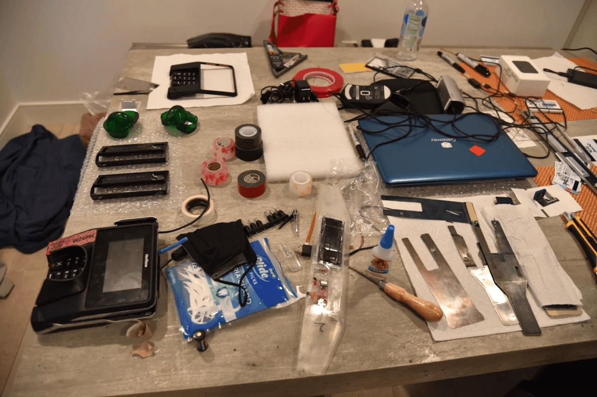 Photos taken at a workshop that was allegedly use to commit ATM fraud with miscellaneous paraphernalia, in November 2023. (Courtesy of FBI Los Angeles)