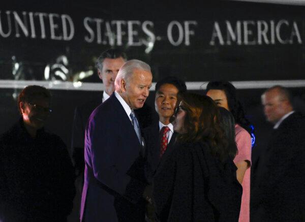 President Joe Biden is greeted as he arrives at Santa Monica Airport Landing Zone in Santa Monica, Calif., on Dec. 8, 2023. (Andrew Caballero-Reynolds/AFP via Getty Images)