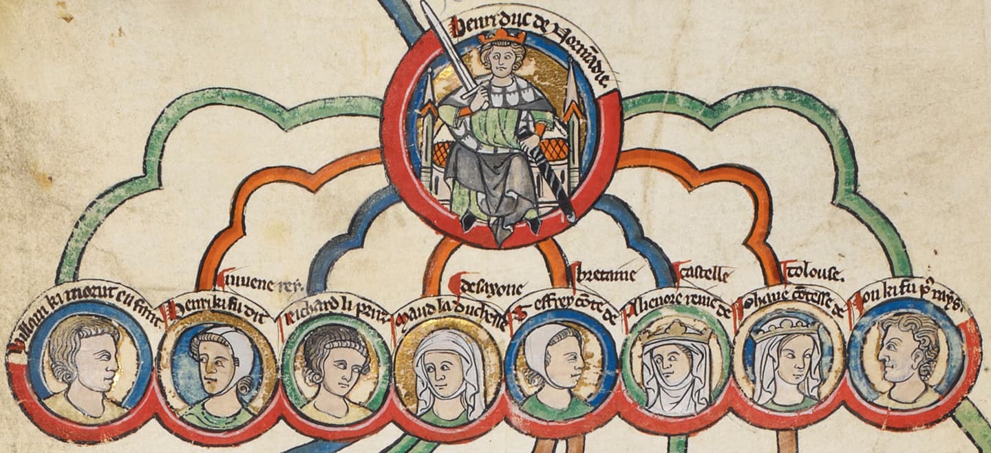 King Henry II of England and his children (L-R): William, Henry the young King, Richard Lionheart, Matilda, Geoffrey, Eleonor, Joan, John Lackland. (Public Domain)