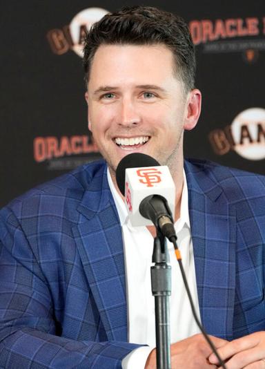 Buster Posey (28) of the San Francisco Giants speaks at a press conference announcing his retirement from Major League Baseball at Oracle Park in San Francisco on Nov. 4, 2021. (Thearon W. Henderson/Getty Images)
