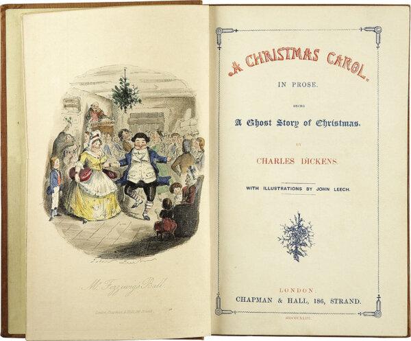 First edition frontispiece and title page, 1843, illustrated by John Leech. (Public Domain)