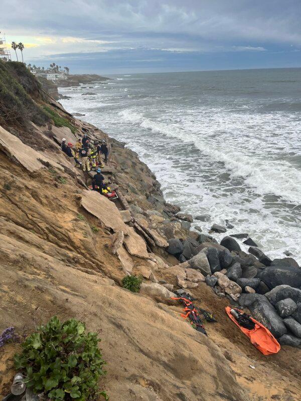 A man who fell into a hole on the side of a cliff along the coast of San Diego and was possibly trapped for four days was rescued by San Diego firefighters on Dec. 22, 2023. (Courtesy of San Diego Fire-Rescue Department)