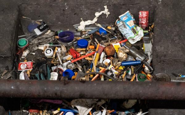 Syringes on the train tracks of the Westlake/MacArthur Park train station in Los Angeles on March 20, 2023. (John Fredricks/The Epoch Times)