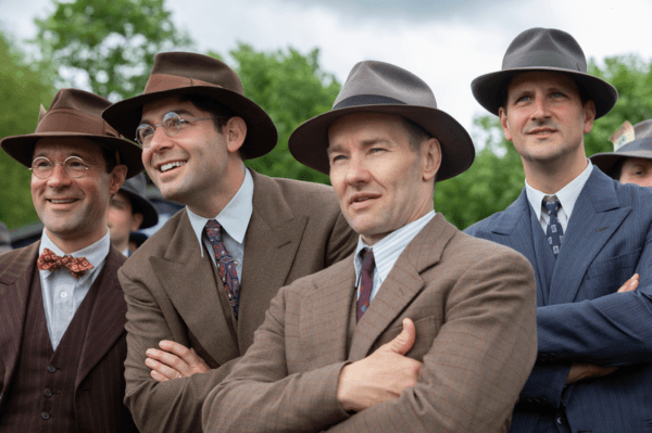Rowing coach Al Ulbrickson (Joel Edgerton, C) in “The Boys in the Boat.” (Laurie Sparham/Metro-Goldwyn-Mayer Pictures)