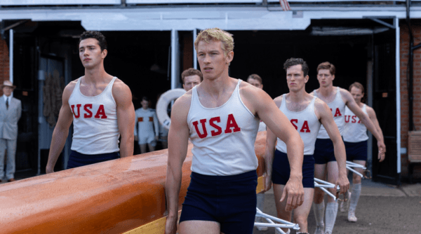 Joe Rantz (Callum Turner, front and center), and crewmates, in “The Boys in the Boat.” (Laurie Sparham/Metro-Goldwyn-Mayer Pictures)