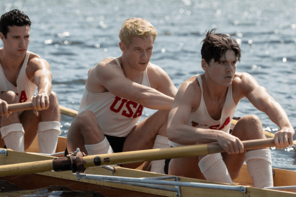 (L–R) Shorty Hunt (Bruce Herbelin-Earle), Joe Rantz (Callum Turner), and Don Hume (Jack Mulhern) in “The Boys in the Boat.” (Laurie Sparham/Metro-Goldwyn-Mayer Pictures)