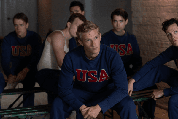 Joe Rantz (Callum Turner, center), and crewmates, in “The Boys in the Boat.” (Laurie Sparham/Metro-Goldwyn-Mayer Pictures)