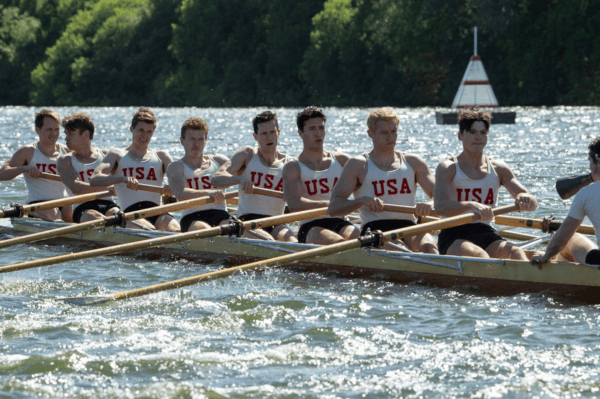 The University of Washington's junior varsity team showing why they got picked ahead of the varsity crew to head to the Olympics, in “The Boys in the Boat.” (Laurie Sparham/Metro-Goldwyn-Mayer Pictures)