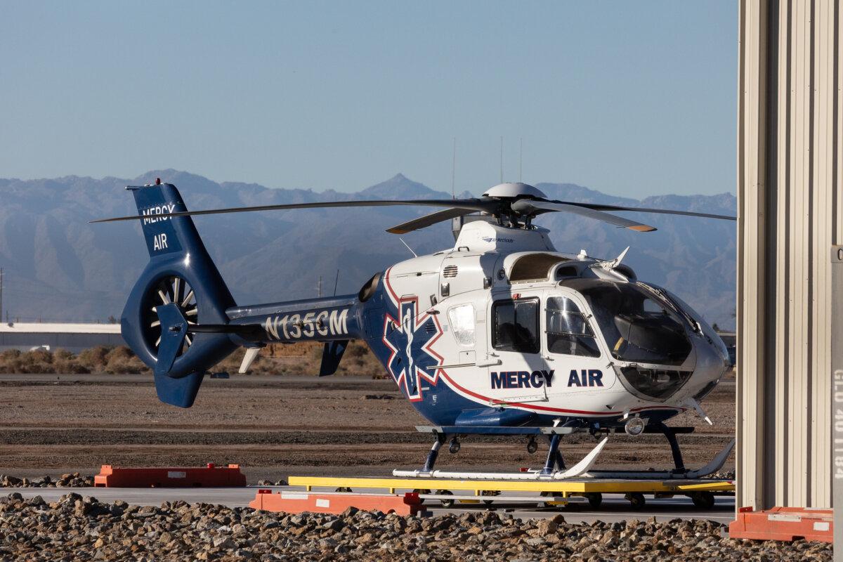 A Mercy Air helicopter in Imperial, Calif., on Dec. 6, 2023. (John Fredricks/The Epoch Times)