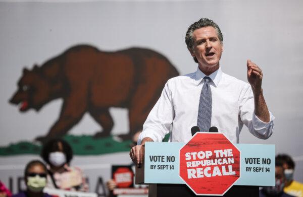 California Gov. Gavin Newsom speaks during a No on the Recall campaign event with U.S. Vice President Kamala Harris at IBEW-NECA Joint Apprenticeship Training Center in San Leandro, Calif., on Sept. 8, 2021. (Justin Sullivan/Getty Images)