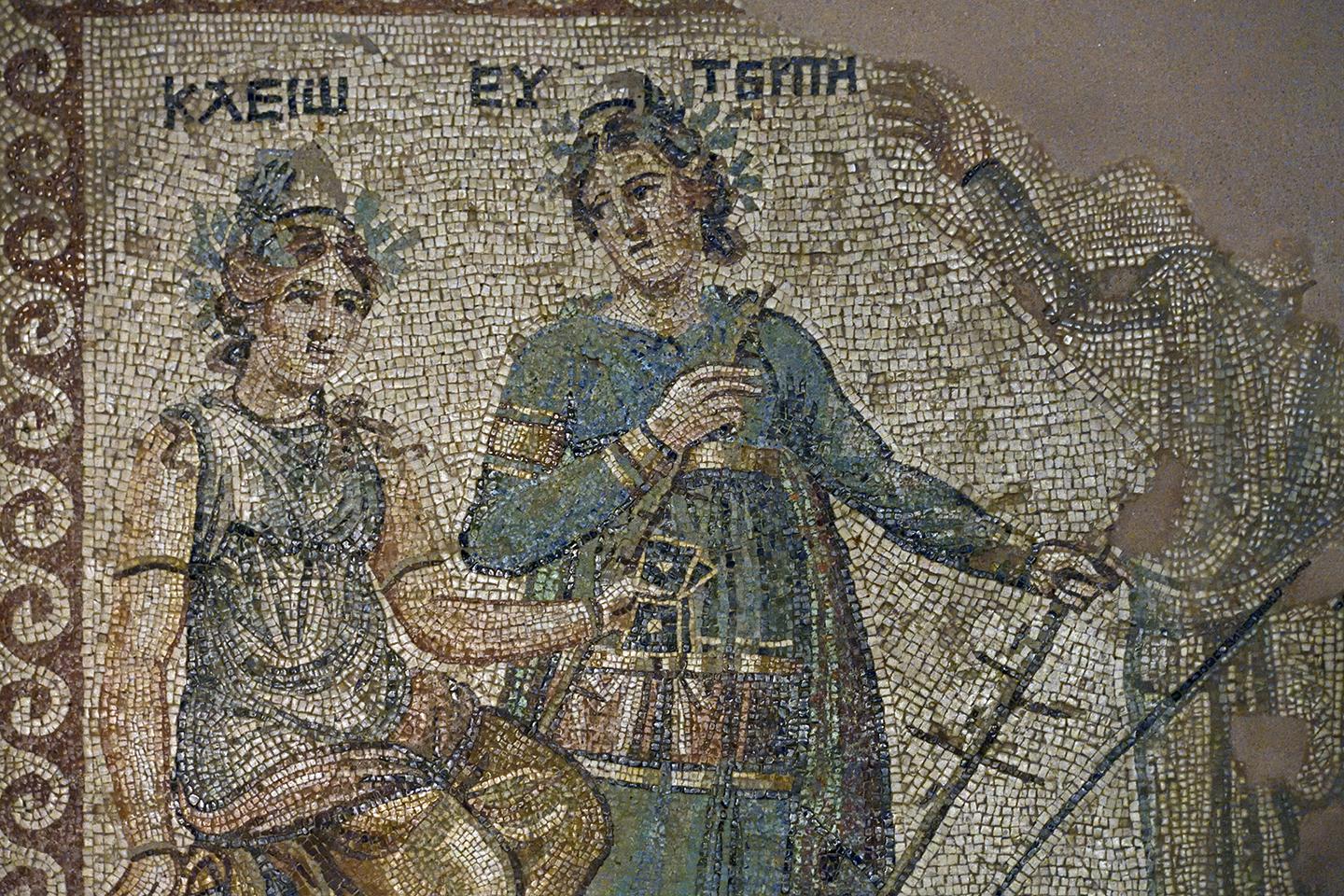 Mosaic of Kleio, the muse of history and lyre, and Euterpe, the muse of lyric poetry. (<a href="https://commons.wikimedia.org/wiki/File:Gaziantep_Zeugma_Muses_mosaic_Kleio_and_Euterpe_panel_in_2019_4065.jpg">Dosseman</a>/<a href="https://creativecommons.org/licenses/by-sa/4.0/deed.en">CC BY-SA 4.0 DEED</a>)