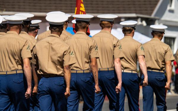 Young Marines march during the Swallows Day Parade in San Juan Capistrano, Calif., on March 25, 2023. (John Fredricks/The Epoch Times)