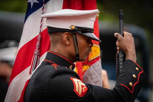A United States Marine finishes honor guard duty in Yorba Linda, Calif., on May 23, 2023. (John Fredricks/The Epoch Times)