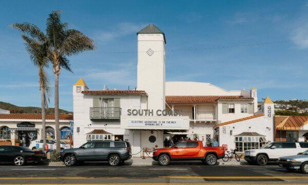 A photo of South Coast Theatre, which was built in 1934, after being renovated by Rivian Automotive, an Irvine-based electric vehicle manufacturer, in 2023 to serve as a new flagship venue for the company in Laguna Beach, Calif. (Courtesy of Rivian Automotive)
