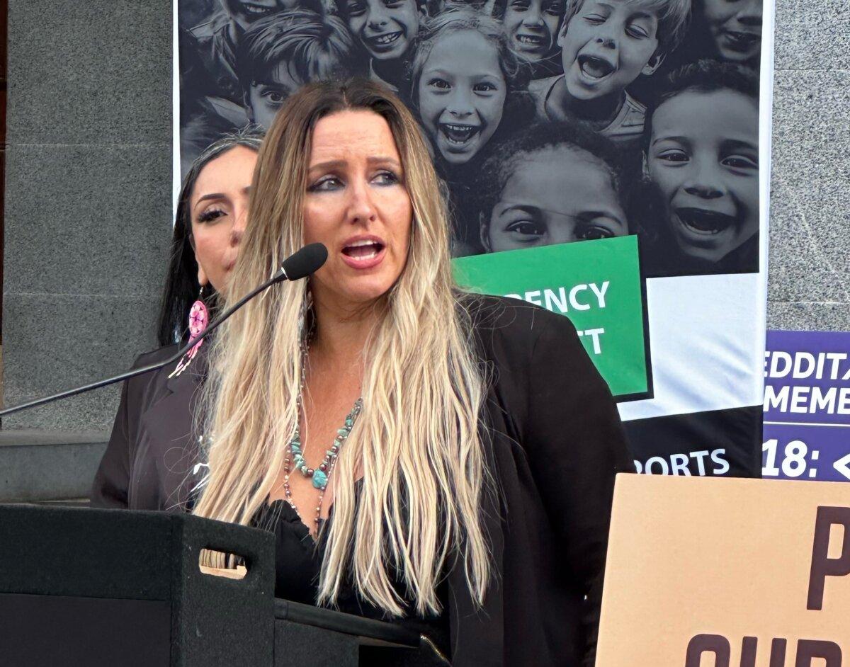 Tara Thornton, a co-founder of Freedom Angels, a parental rights group, speaks at a press conference in Sacramento, Calif., on Jan. 3, 2024. (Courtesy of Jay Reed, Protect Kids California)
