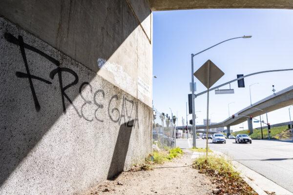 Graffiti left by pro-Palestinian protesters near the Los Angeles National Cemetery in Los Angeles on Jan. 8, 2024. (John Fredricks/The Epoch Times)