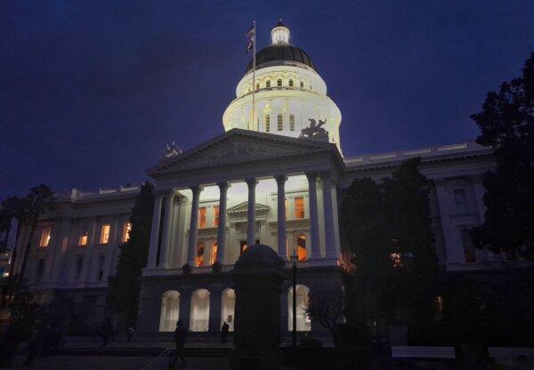 California's Capitol building in Sacramento, Calif., on the night of Jan. 9, 2024. (Travis Gillmore/The Epoch Times)