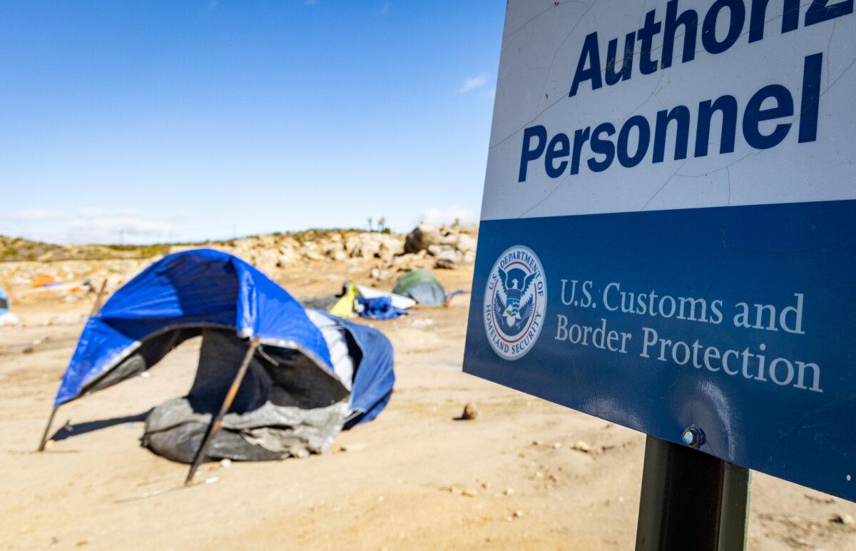 A border encampment near the United States border wall in Jacumba, Calif., on Jan. 10, 2024. (John Fredricks/The Epoch Times)