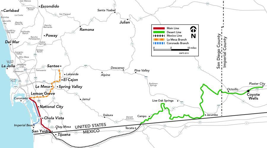 The San Diego–Arizona Eastern Railway map. (Courtesy of San Diego Metropolitan Transit System)