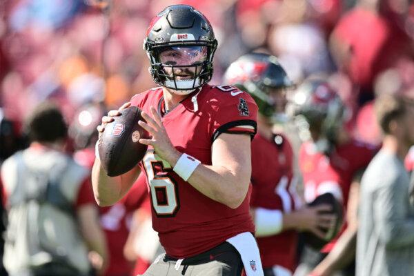 Baker Mayfield (6) of the Tampa Bay Buccaneers warms up before the game against the New Orleans Saints at Raymond James Stadium in Tampa, Fla., on Dec. 31, 2023. (Julio Aguilar/Getty Images)