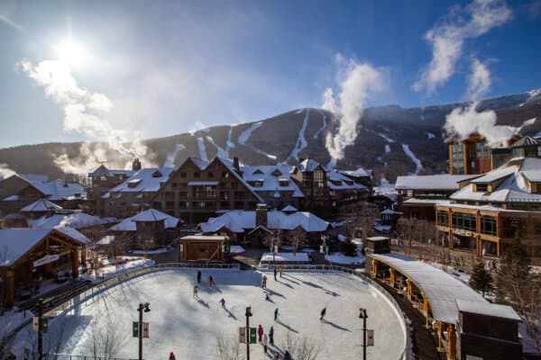 An aerial view of the skating rink and WhistlePig Pavilion in Spruce Peak Village at the Stowe Mountain Resort in Vermont. (Courtesy of The Lodge at Spruce Peak)