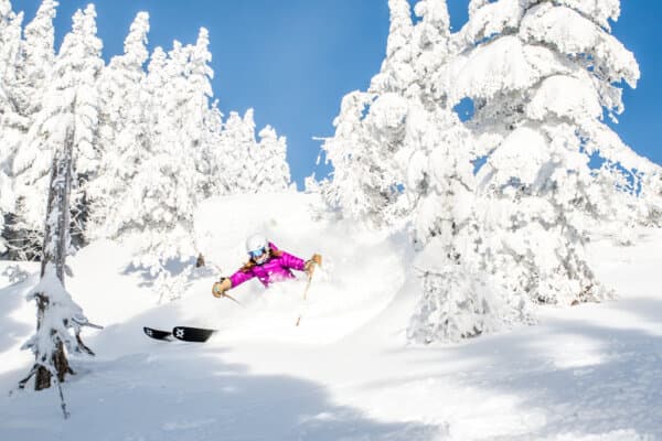 A skier charts a path through the fresh powder snow amid the trees on Mt. Mansfield. (Courtesy of Stowe Mountain Resort)