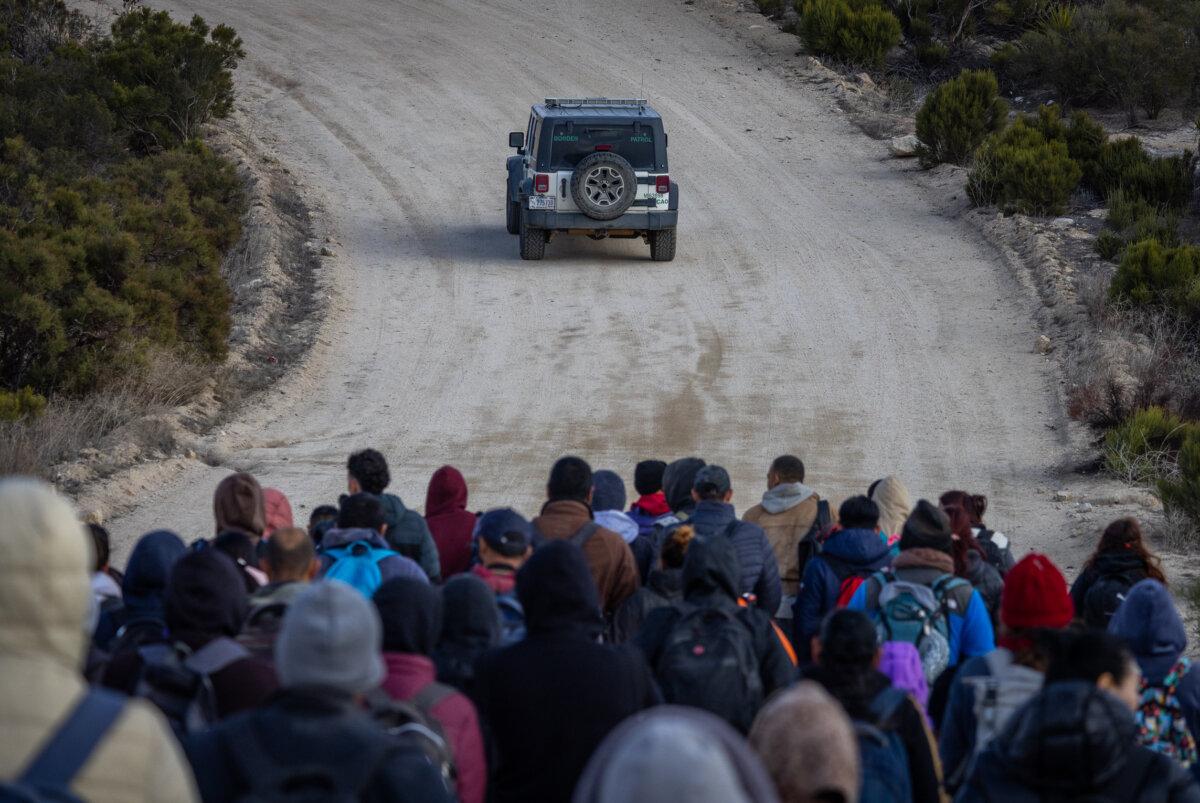 Border Patrol agents monitor border crossings in Jacumba, Calif., on Jan. 10, 2024. (John Fredricks/The Epoch Times)